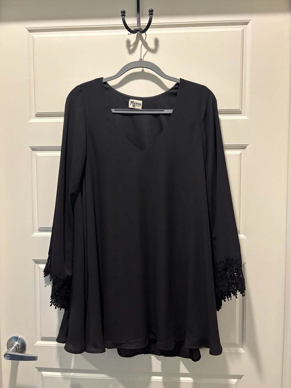 Show Me Your Mumu Dress Size S Black Lace Trim Long Sleeve V-Neck